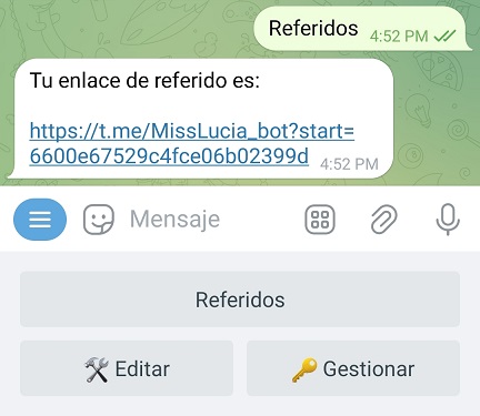 Ejemplo de enlace de referido en Telegram