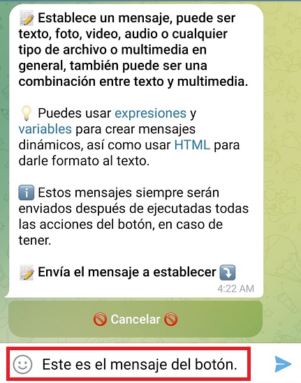 Establecer mensaje a botón o comando en bot de Telegram (VisualMaker)
